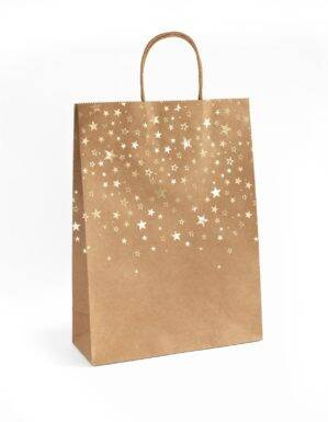 TOREBKA NA PREZENTY 33X10X24CM ARGO 257009 CIEMNOBEŻOWA ZŁOTE GWIAZDKI PAPIER KRAFT 5SZT