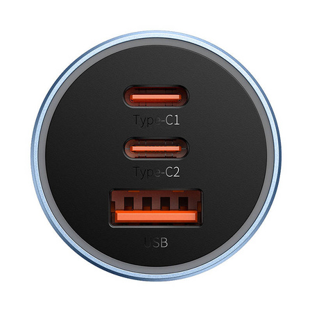 Ładowarka samochodowa Baseus Golden Contactor Pro, 2x USB-C, 1x USB, 65W (niebieska)