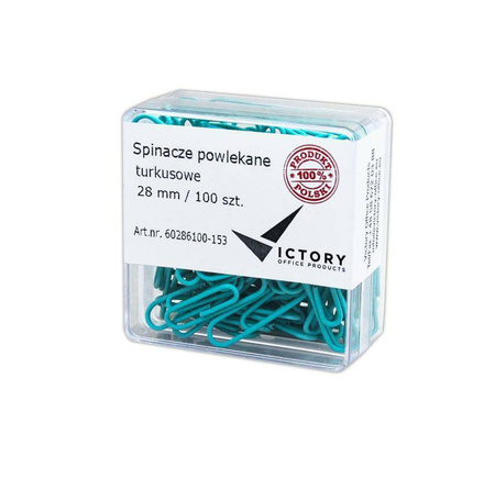 SPINACZE OKRĄGŁE 28MM VICTORY OFFICE PRODUCTS 60286100-153 PASTELOWE TURKUSOWE METALOWEPOWLEKANE W POJEMNIKU PLASTIKOWYM 100SZT