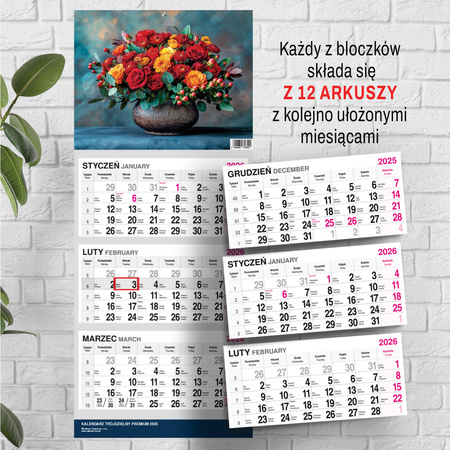 KALENDARZ WISZĄCY TRÓJDZIELNY O-PRESS ROK 2026 BUKIET