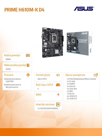 ASUS PŁYTA GŁÓWNA PRIME H610M-K D4 S1700 2DDR4 D-SUB/HDMI M.2 MATX