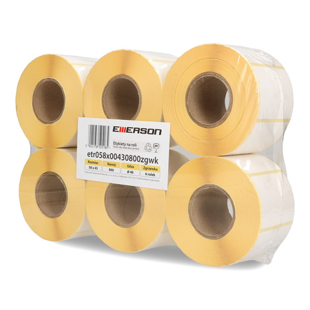 ETYKIETY SAMOPRZYLEPNE 58X43MM TERMICZNE W ROLCE EMERSON TERMO ECO BIAŁE 6ROLEK*800SZT