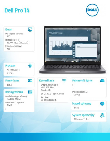 DELL LAPTOP DELL PRO 14 PC14255/AMD RYZEN 5 220/16GB/256GB/14.0 FHD+/RADEON 740M/FGRPR/CAM & MIC/WLAN + BT/BACKLIT KB/3 CELL/W11PRO