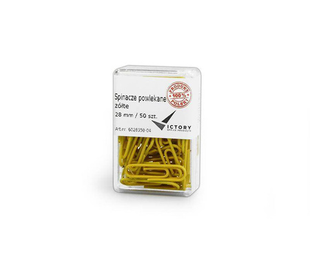 SPINACZE OKRĄGŁE 28MM VICTORY OFFICE PRODUCTS 6028350-04 ŻÓŁTE METALOWEPOWLEKANE W POJEMNIKU PLASTIKOWYM 50SZT