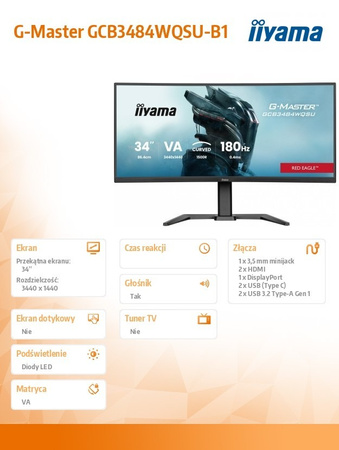 IIYAMA MONITOR G-MASTER 34 CALE GCB3484WQSU-B1,VA,UWQHD,180HZ, HDR400, 1500R, 21:9, 0.4MS, 500CD/M2, 2X5W, USB-C, PIP