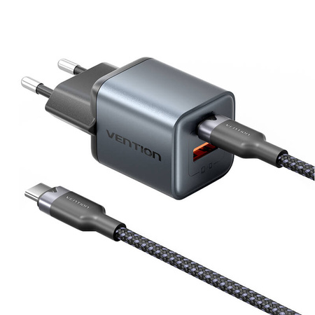 Ładowarka GaN Vention USB-C+A 30W + Kabel USB-C-C 1m (Szara)