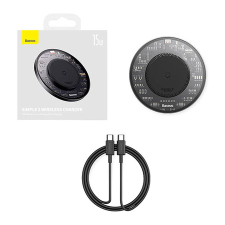 BEZPRZEWODOWA ŁADOWARKA INDUKCYJNA BASEUS SIMPLE 2, 15W Z KABLE USB-C DO USB-C (CZARNA)