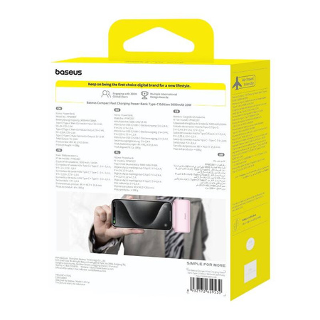POWERBANK BASEUS COMPACT USB-C 5000MAH, 20W (RÓŻOWY)