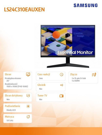 SAMSUNG MONITOR 24 CALE LS24C310EAUXEN IPS 1920X1080 FHD 16:9 1XD-SUB 1XHDMI 5 MS (GTG) PŁASKI 2 LATA D2D