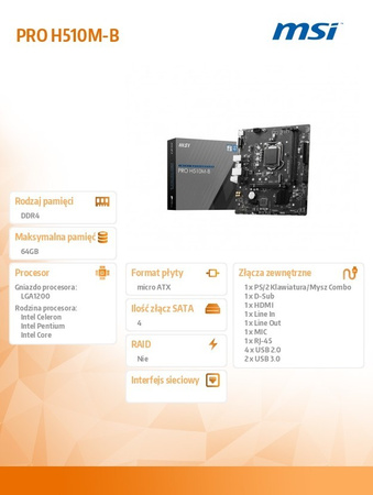 MSI PŁYTA GŁÓWNA H510M-B S1200 2DDR4 HDMI/VGA MATX