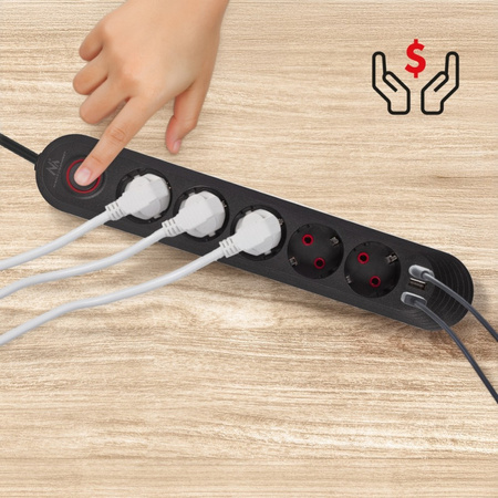 MACLEAN LISTWA ZASILAJĄCA MCE395 B 5 GNIAZD 3XUSB, 110-240V AC 50/60HZ, 2.1A MAX 2500W, CZARNA