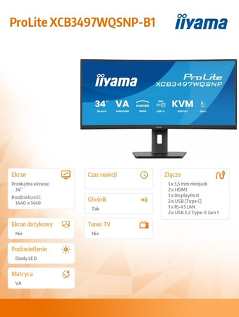 IIYAMA MONITOR 34 CALI XCB3497WQSNP-B1 VA,UWQHD,1500R,USB-CDOCK,KVM,95W, 2XHDMI, 1XDP, RJ45,2X5W,21:9 /5Y/