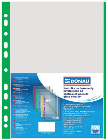 KOSZULKI KRYSTALICZNE A4 DONAU ZIELONY BRZEG PP 40MIC 100SZT