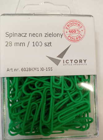 SPINACZE OKRĄGŁE 28MM VICTORY OFFICE PRODUCTS 6028KM100-155 NEONOWE ZIELONE METALOWEPOWLEKANE W ZAWIESZANYM POJEMNIKU PLASTIKOWYM 100SZT