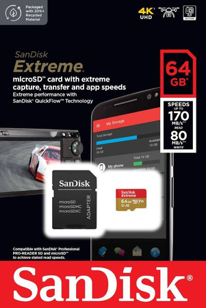 SANDISK KARTA PAMIĘCI EXTREME MICROSDXC 64GB 170/80 MB/S A2 V30 U3