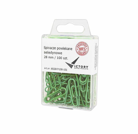 SPINACZE OKRĄGŁE 28MM VICTORY OFFICE PRODUCTS 6028KM100-151 PASTELOWE SELEDYNOWE METALOWEPOWLEKANE W ZAWIESZANYM POJEMNIKU PLASTIKOWYM 100SZT