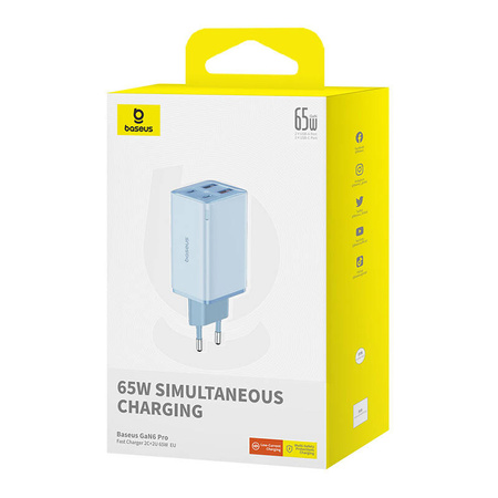ŁADOWARKA SIECIOWA BASEUS GAN6 PRO, 2XUSB-C + 2XUSB, 65W (NIEBIESKA)