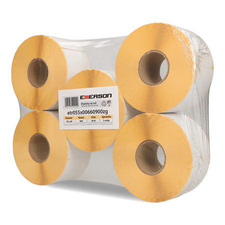ETYKIETY SAMOPRZYLEPNE 55X66MM TERMICZNE W ROLCE EMERSON TERMO ECO BIAŁE 5ROLEK*900SZT