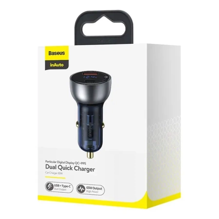 Ładowarka samochodowa Baseus Particular Digital Display z wyświetlaczem, USB + USB-C, QC3.0+PD, 5A, 65W (srebrna)