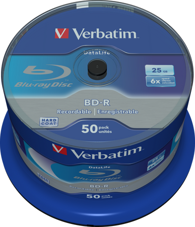 VERBATIM BD-R, SINGLE LAYER 25GB, BLUE SURFACE, SINGLE LAYER, SPINDLE, 43838, 6X, 50-CAKE, NO ID