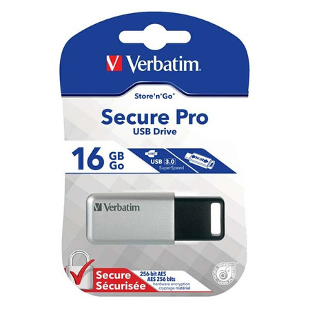 VERBATIM USB FLASH DISK, USB 3.0, 16GB, SECURE PRO, STORE N GO, SREBRNY, 98664, USB A, SZYFROWANIE AES 256-BIT, WYSUWANE ZŁĄCZE