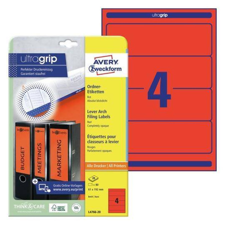 ETYKIETY SAMOPRZYLEPNE 61X192MM NA SEGREGATORY AVERY ZWECKFORM L4766-20 CZERWONE 20ARK*4SZT