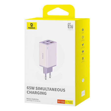 ŁADOWARKA SIECIOWA BASEUS GAN6 PRO, 2XUSB-C + 2XUSB, 65W (FIOLETOWA)