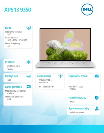 DELL NOTEBOOK XPS 13 9350 WIN11PRO ULTRA 7 256V/16GB/512GB SSD/13.4 FHD+ ANTIGLARE/ARC/FGRPR/FHD/IR CAM/MIC/WLAN + BT/BACKLIT KB/3 CELL/3Y PROSUPPORT