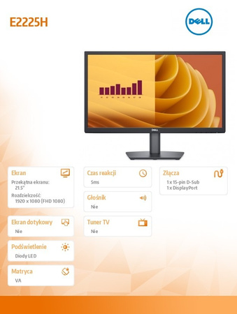 DELL MONITOR E2225H 21.5 CALA LED VA 1920X1080/DP/VGA/3Y