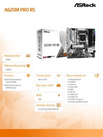 ASROCK PŁYTA GŁÓWNA A620M PRO RS AM5 4DDR5 HDMI/DP M.2 MATX