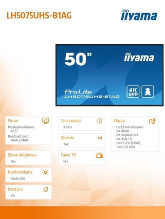 IIYAMA MONITOR 50 CALI LH5075UHS-B1AG,24/7,VA,ANDROID.11,4K,3XHDMI,DP,RJ45, 2XUSB,2X10W