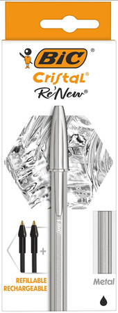 DŁUGOPIS BIC CRISTAL RE'NEW METAL 997201 CZARNY 1.0MM MATOWA SREBRNA OBUDOWA + 2 WKŁADY