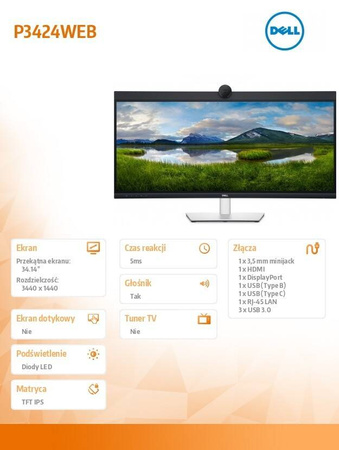 DELL MONITOR P3424WEB 34 CALE IPS ZAKRZYWIONY WQHD (3440X1440)/21:9/HDMI/DP/USB-C/RJ-45/KAMERA/GŁOŚNIKI/MIKROFON/3Y