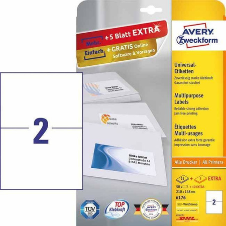 ETYKIETY SAMOPRZYLEPNE 210X148MM UNIWERSALNE AVERY ZWECKFORM TRWAŁE 6176 BIAŁE 30ARK*2SZT