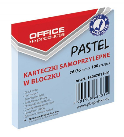 KARTECZKI SAMOPRZYLEPNE 76X76MM OFFICE PRODUCTS PASTELOWE NIEBIESKIE 100KART