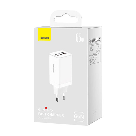ŁADOWARKA SIECIOWA BASEUS GAN5 PRO 2XUSB-C + USB, 65W (BIAŁA)