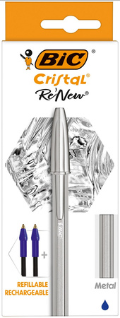 DŁUGOPIS BIC CRISTAL RE'NEW METAL 997202 NIEBIESKI 1.0MM MATOWA SREBRNA OBUDOWA + 2 WKŁADY