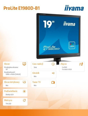 IIYAMA MONITOR 19 CALI PROLITE E1980D-B1 VGA,DVI,5:4,TN,5MS,250CD