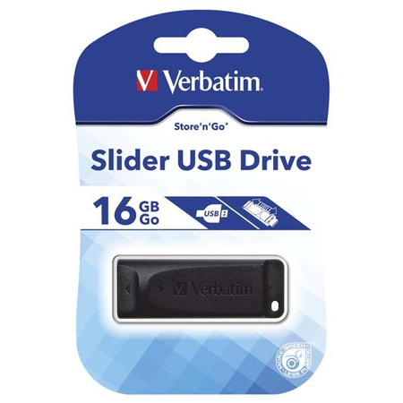 VERBATIM USB FLASH DISK, USB 2.0, 16GB, SLIDER, STORE N GO, CZARNY, 98696, USB A, Z WYSUWANYM ZŁĄCZEM