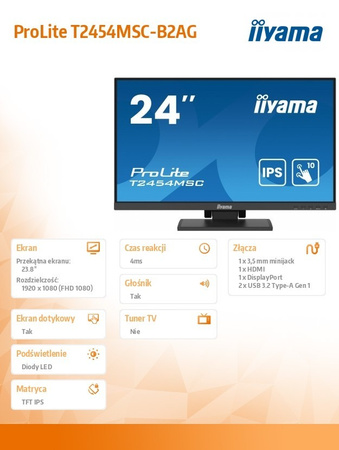 IIYAMA MONITOR 24 CALE T2454MSC-B2AG 10 PKT. POJ,IPS,HDMI,DP,FHD,300CD,4MS, 2X2W