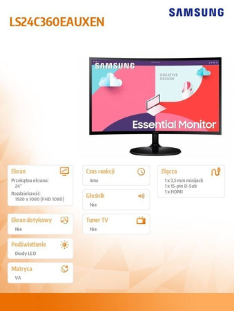 SAMSUNG MONITOR 24 CALE LS24C360EAUXEN VA 1920X1080 FHD 16:9 1XD-SUB 1XHDMI 4 MS (GTG) ZAKRZYWIONY 2 LATA D2D