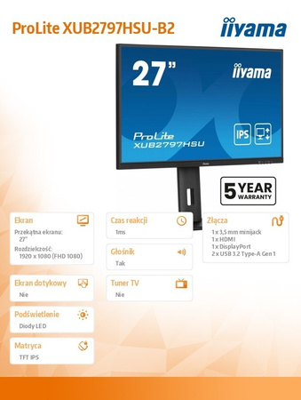 IIYAMA MONITOR 27 CALI XUB2797HSU-B2 IPS,FHD,HAS,300CD,(5Y)