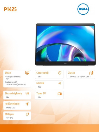 DELL MONITOR PRZENOŚNY P1425 14 CALI LED IPS 1920X1080/WUXGA/2XUSB-C/3Y