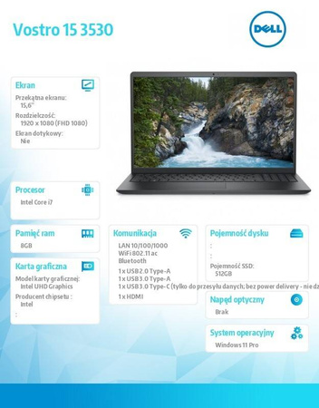 DELL NOTEBOOK VOSTRO 15 (3530) WIN11PRO I7-1355U/8GB/512GB SSD/15.6 FHD/INTEL UHD/FGRPR/CAM & MIC/WLAN + BT/BACKLIT KB/3 CELL/3YPS