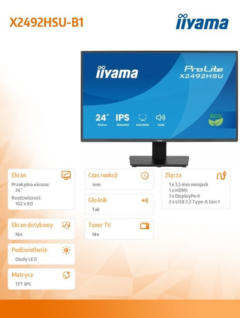 IIYAMA MONITOR 24 CALE X2492HSU-B1 IPS,FHD,HDMI,DP,120HZ,300CD,4MS,USB HUBX2CIENKIE RAMKI, 1500:1, ERP B
