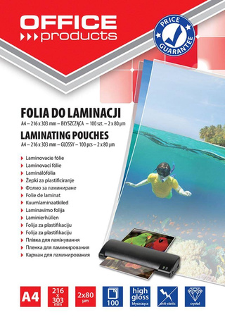 FOLIA DO LAMINOWANIA BŁYSZCZĄCA A4 OFFICE PRODUCTS 80MIC 100 SZT