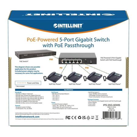 INTELLINET SWITCH GIGABIT 5XPOE PASSTHROUGH ZASILANY POE LUB AC,68W
