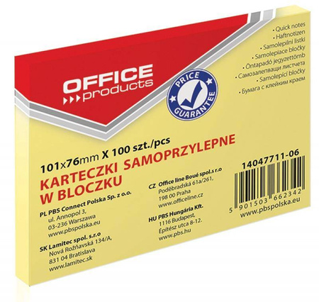 KARTECZKI SAMOPRZYLEPNE 101X76MM OFFICE PRODUCTS PASTELOWE JASNO ŻÓŁTE 100KART