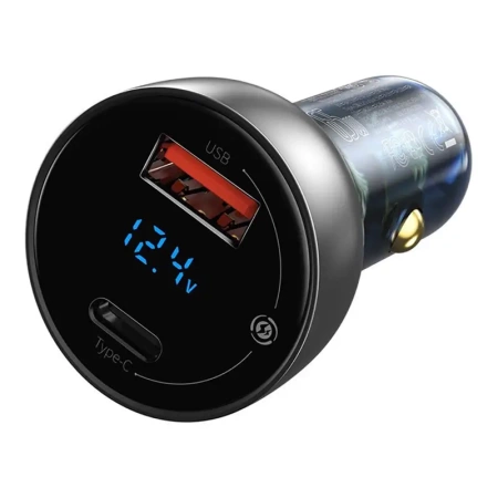 Ładowarka samochodowa Baseus Particular Digital Display z wyświetlaczem, USB + USB-C, QC3.0+PD, 5A, 65W (srebrna)