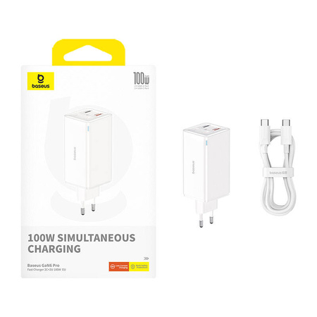 ŁADOWARKA SIECIOWA BASEUS GAN6 PRO 2XUSB-C + 2XUSB, 100W (BIAŁA)